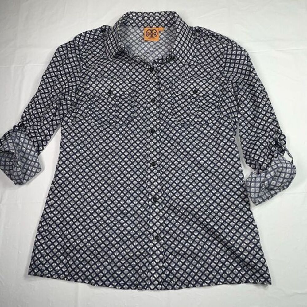 Tory Burch Blouse Top Blue White Square Signature T Cotton Shirt Size 4‎